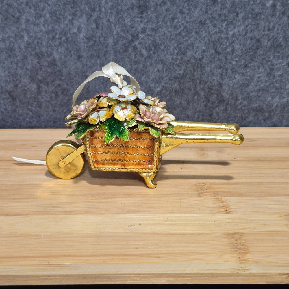 Vtg Gold-Tone Wheel Barrow Cloisonne Flowers Christmas Ornament Chic Enamel